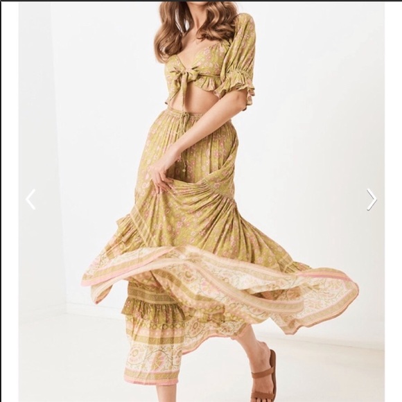 Boho Gypsy Dahlia Smocked Crop Peasant Top Floral gold mustard tie blouse - Picture 6 of 13